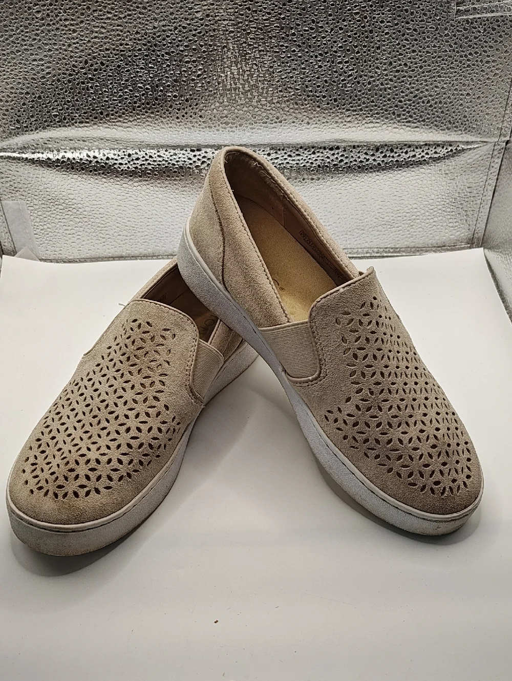 Vionic Women Shoes 6.5 Tan Suede Laser Cut Perforated Slip On Sneakers